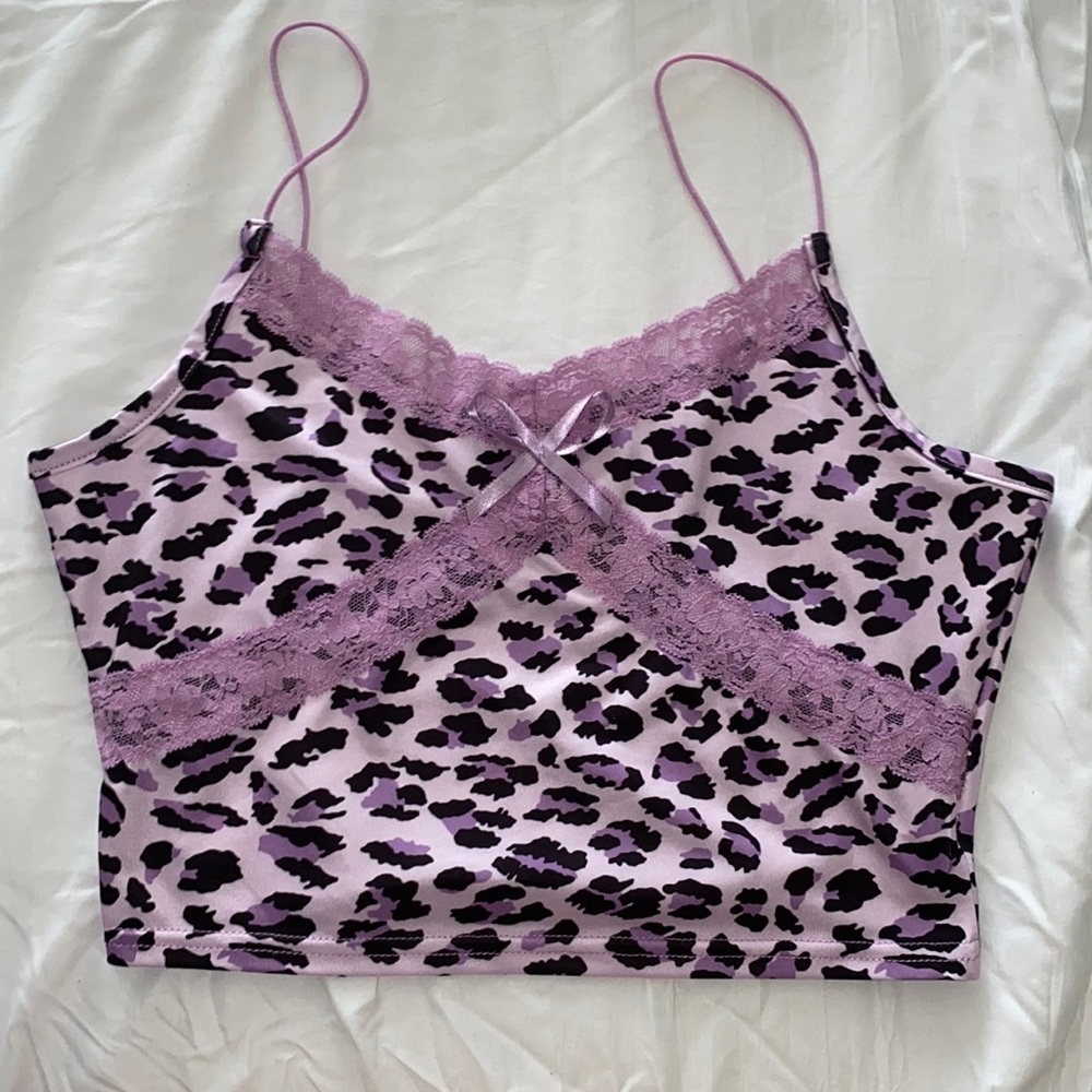 Y2K Leopard Print Purple Lace Cropped Tank Top
